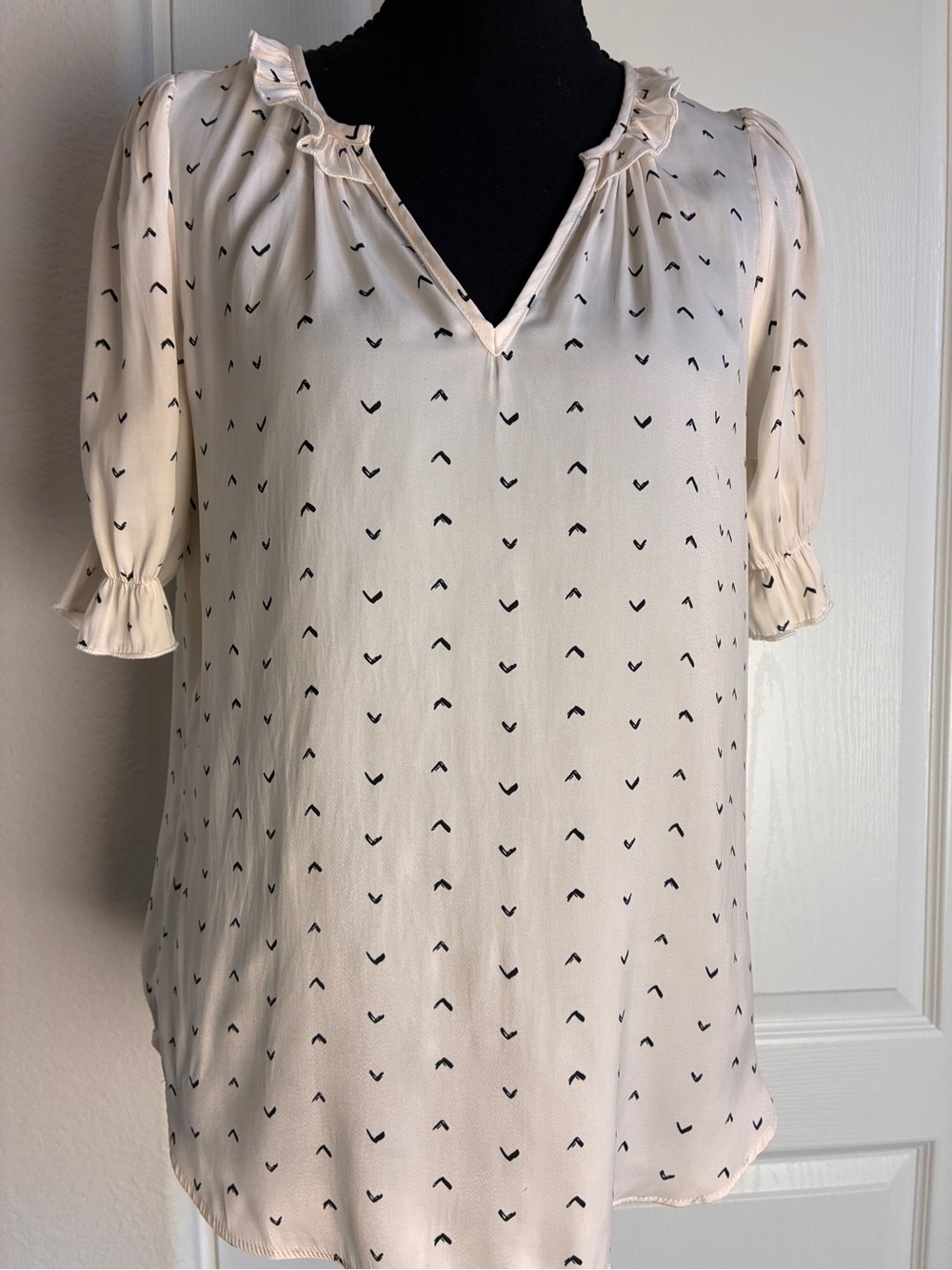 Cream Ruffle V-Neck Blouse with Navy Micro-Print